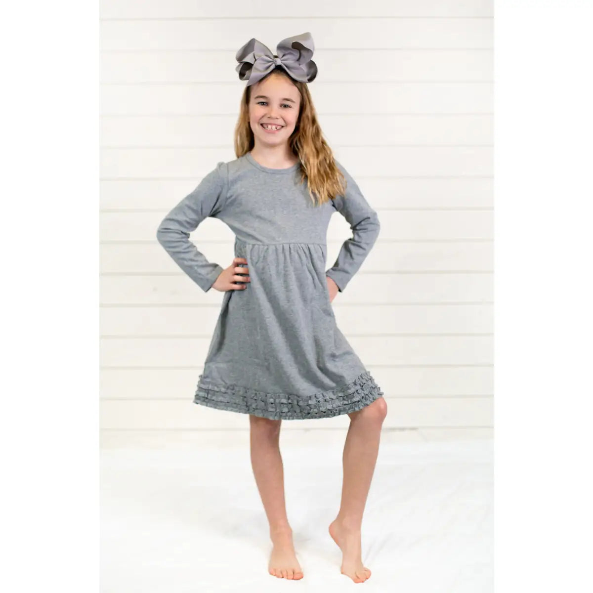 Girl’s Long Sleeve Ruffle Empire Waist Dress (12M-Toddler) - Grey / 12M - ARB Blanks