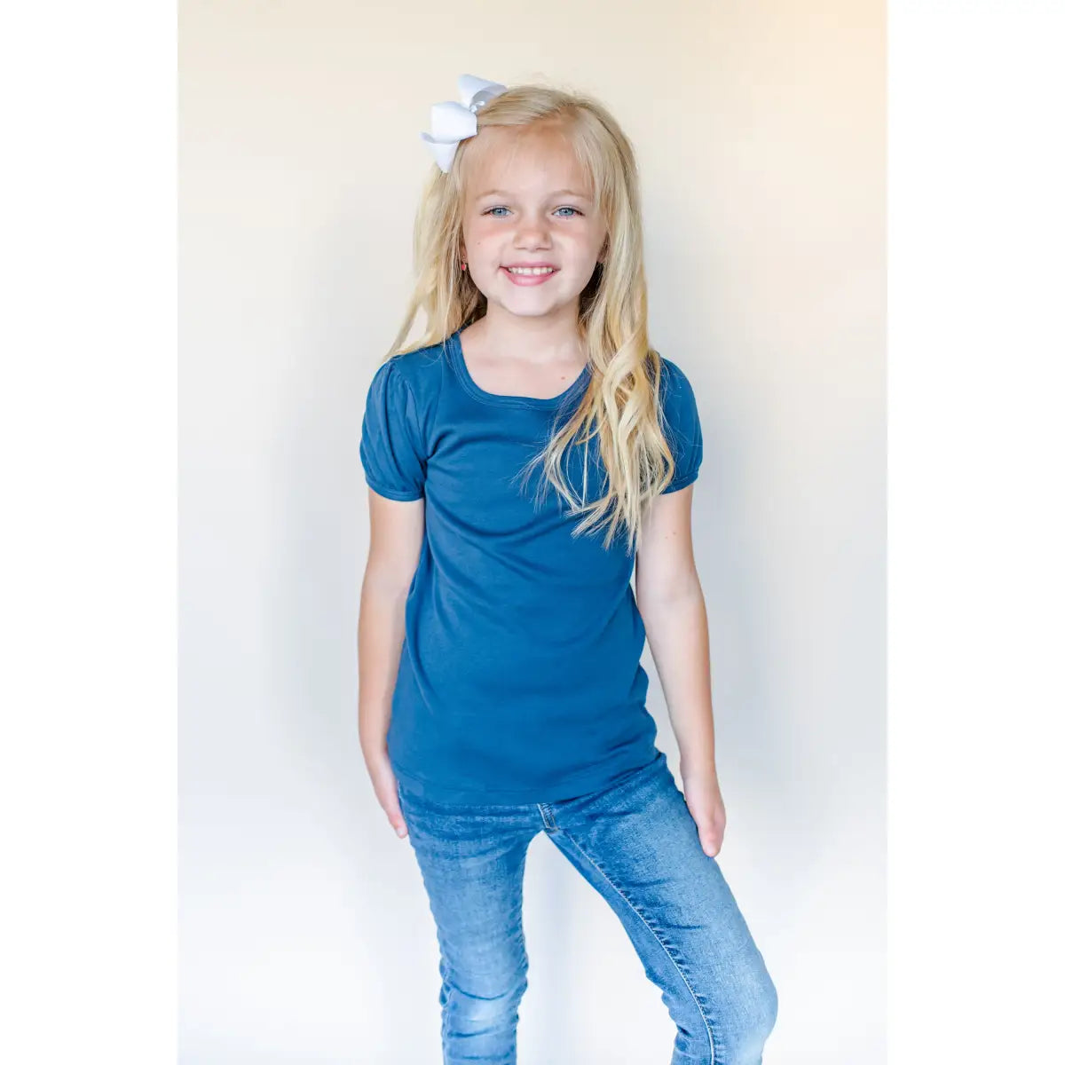 Girl’s Short Sleeve Puff Shirts - Navy / 12M - ARB Blanks