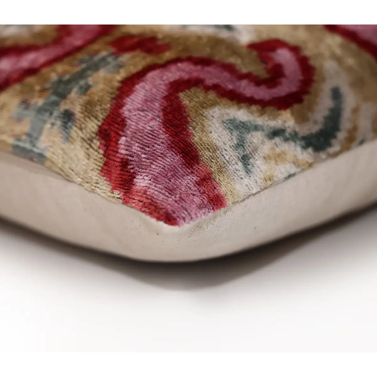 Hand-Knotted Scroll Ikat Silk Velvet Pillow - 20x20 Sand & Raspberry - Canvello
