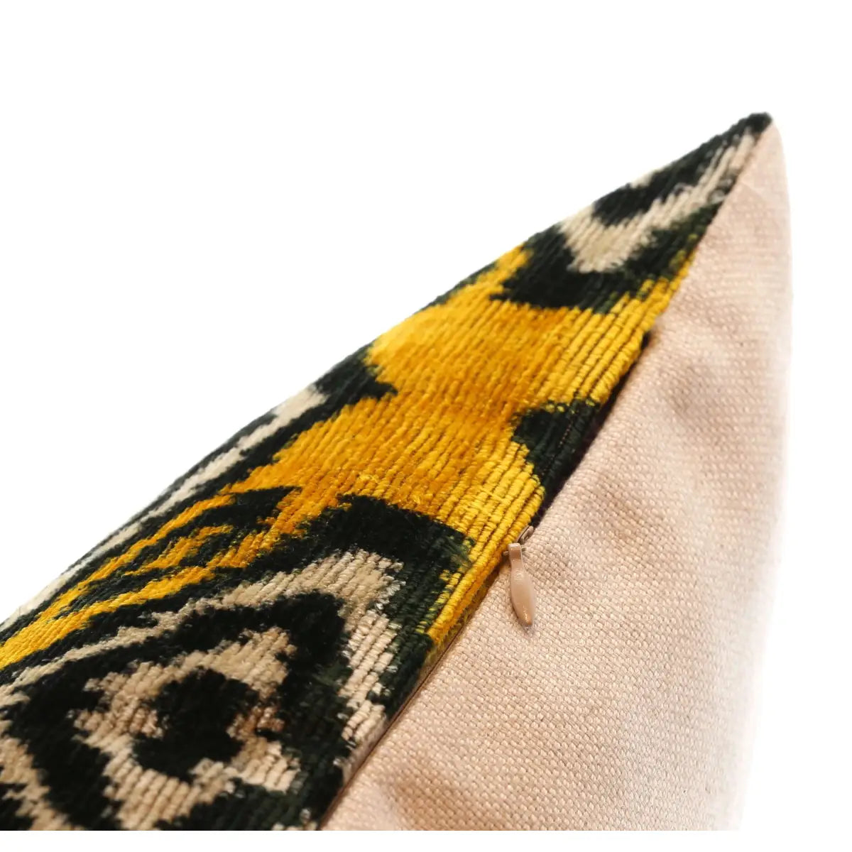 Handmade 16x16 Silk Velvet Throw Pillow in Gold with Black and White Geometric Design – Down Feather Insert - Canvello