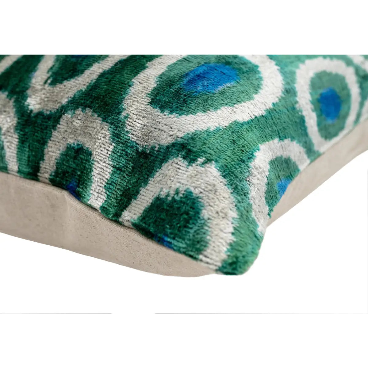 Handmade Green and Blue Circle Design Throw Pillow - 16x24 inch Silk Velvet Vegetable Dyed with Premium Down Feather