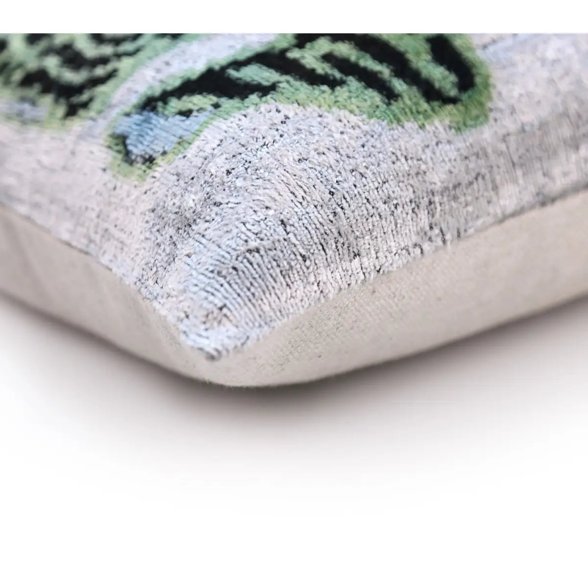 Handmade Green Tiger Velvet Lumbar Pillow 16x24 – Artisan Silk Cushion with Blue Accents - Canvello