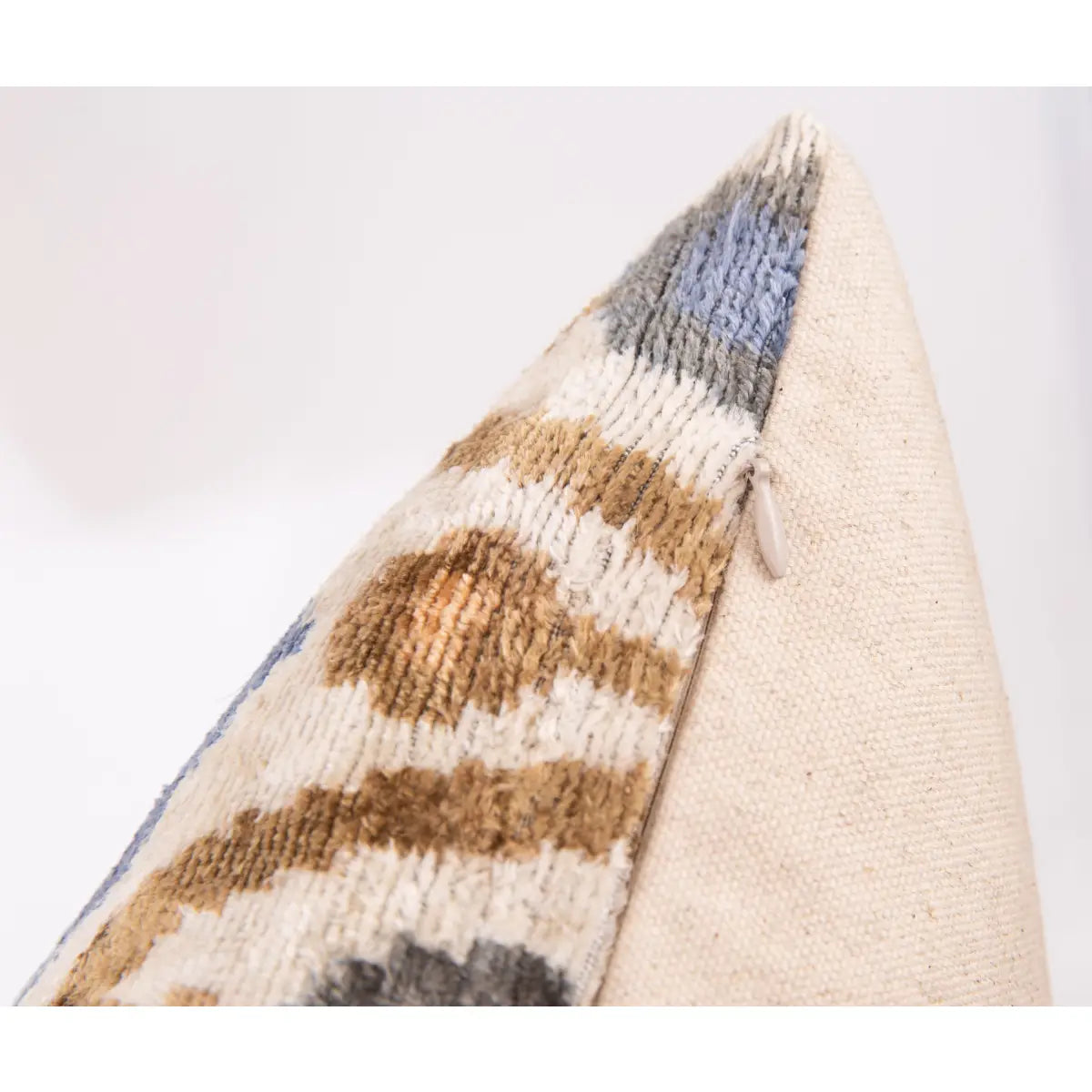 Handmade Silk Velvet Ikat Throw Pillow - 20x20 Beige Blue and Brown Luxury Design with Down Feather Insert - Canvello