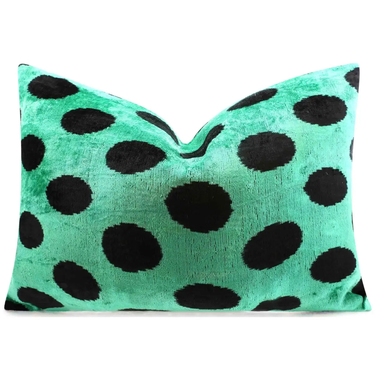 Handmade Velvet Lumbar Pillow in Green and Black Polka Dot Design - High-Quality 16x24 Inch Decorative Accent