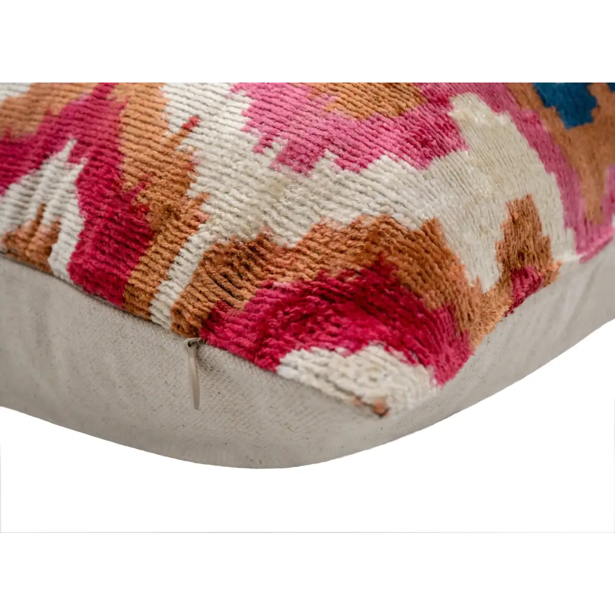 Handmade Velvet Throw Pillow with Pink Blue and Tan Ikat Design - High-Quality 20x20 Inch Decorative Accent