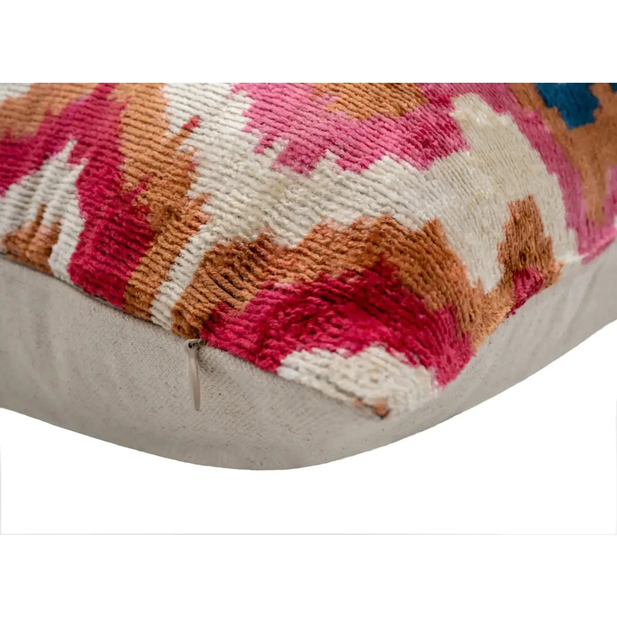 Handmade Velvet Throw Pillow with Pink Blue and Tan Ikat Design - High-Quality 20x20 Inch Decorative Accent