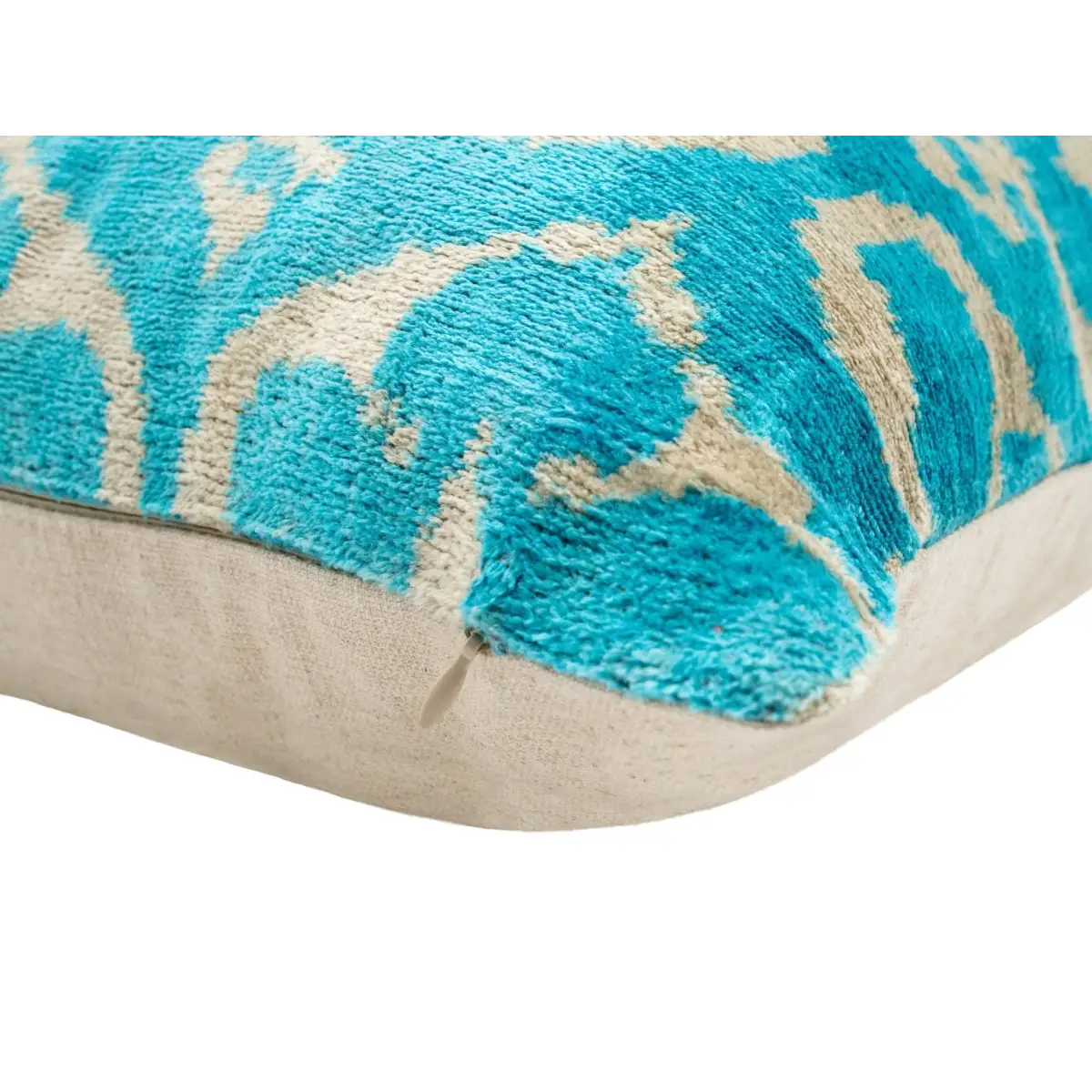 Handmade Velvet Throw Pillow with Turquoise and Beige Ikat Design - High-Quality 20x20 Inch Decorative Accent