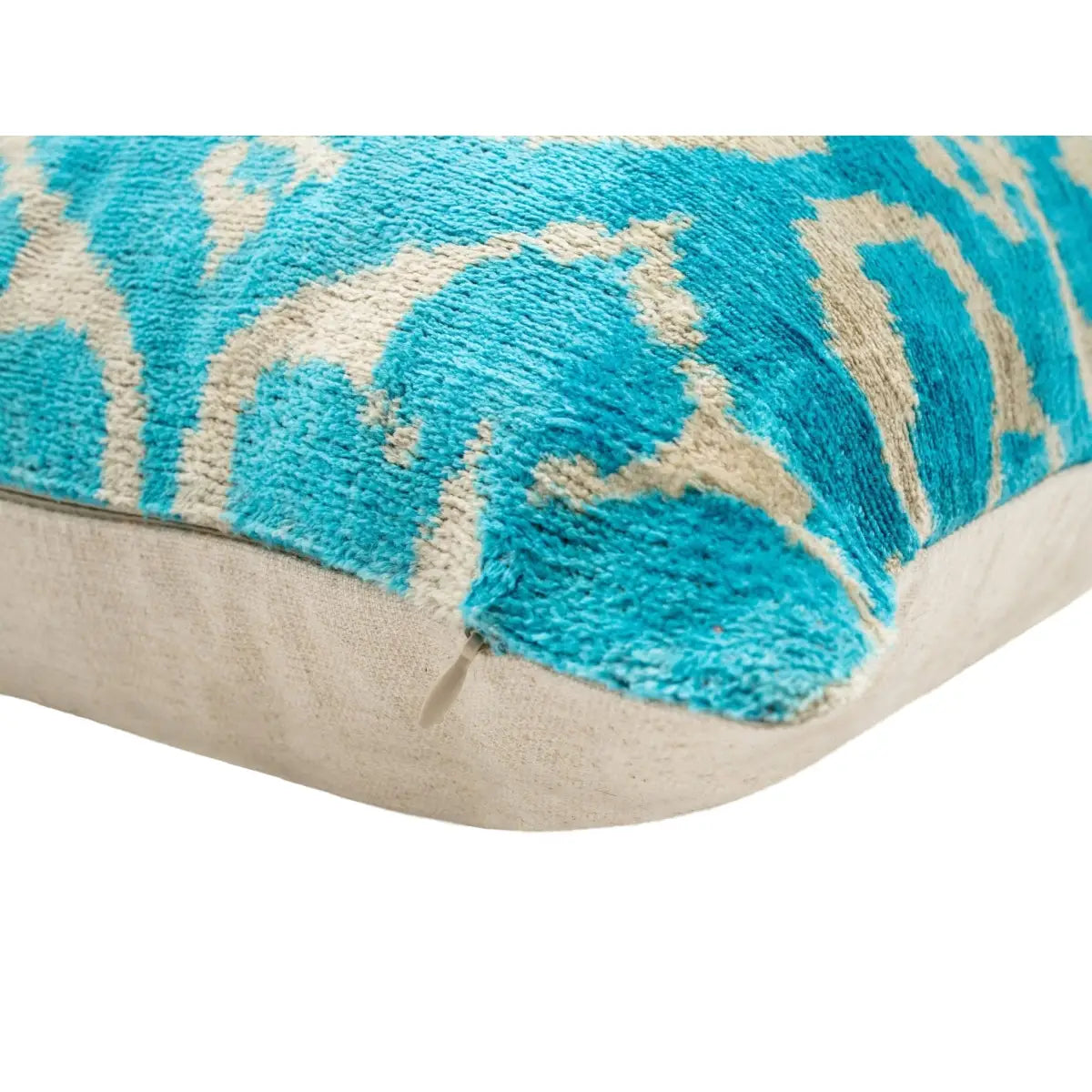 Handmade Velvet Throw Pillow with Turquoise and Beige Ikat Design - High-Quality 20x20 Inch Decorative Accent