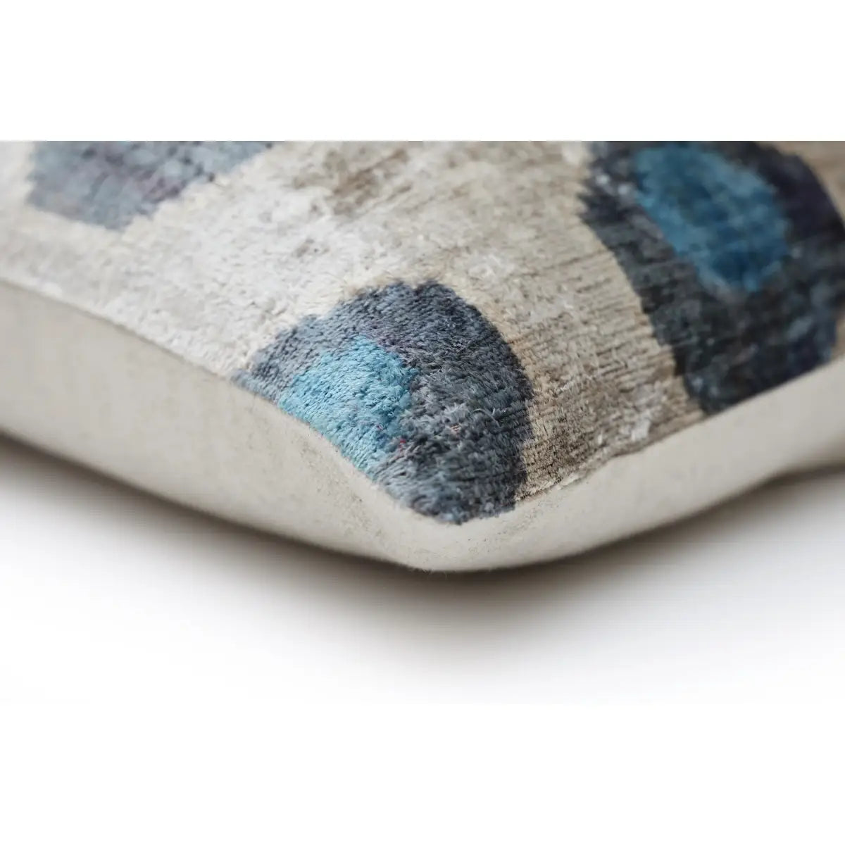 Handwoven Organic Silk Velvet Throw Pillow 20x20 – Neutral Taupe with Teal Ikat Motif - Canvello