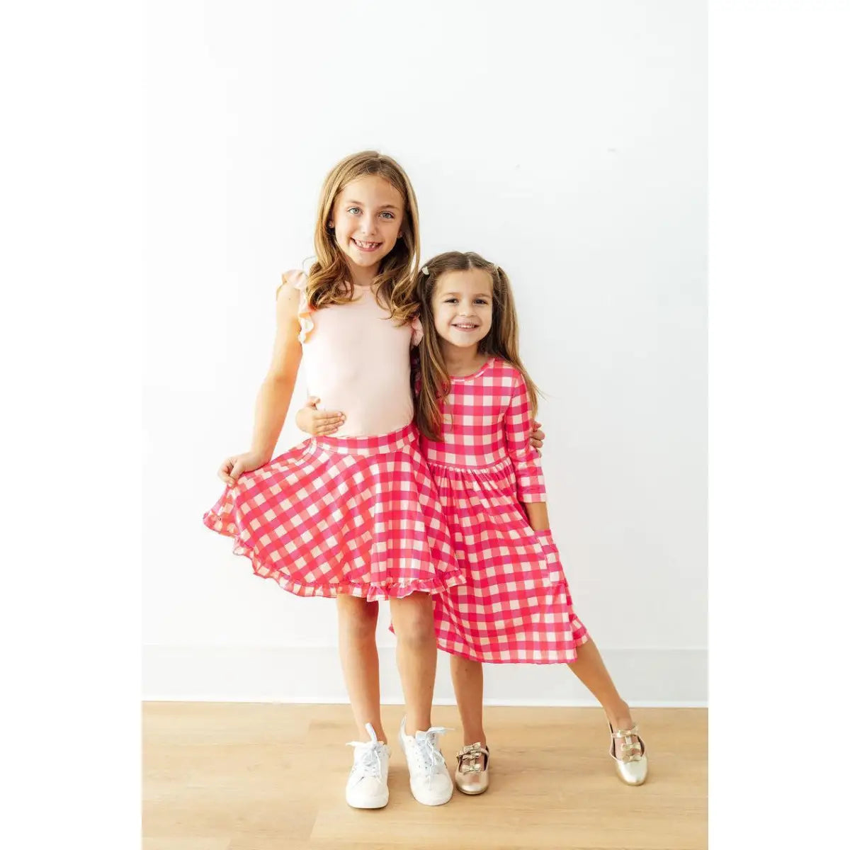 Pocket Twirl Dress - Hot Pink Gingham 3/4 Sleeve - Mila & Rose ®