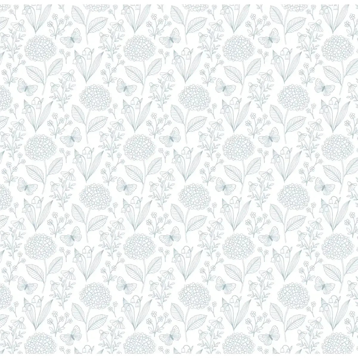 Hydrangea and Butterflies Wallpaper - Subtle Line Drawings - by Gooseberry Moon - Sample 1 foot by 1 foot / Teal