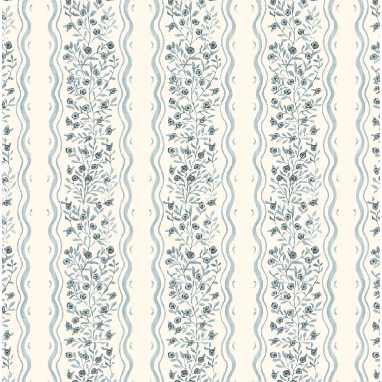 Jovy Wallpaper - Petite Floral Cottage Stripe - by Luna Pictata - Sample 1 foot by 1 foot / Blue / Small - Loomwell