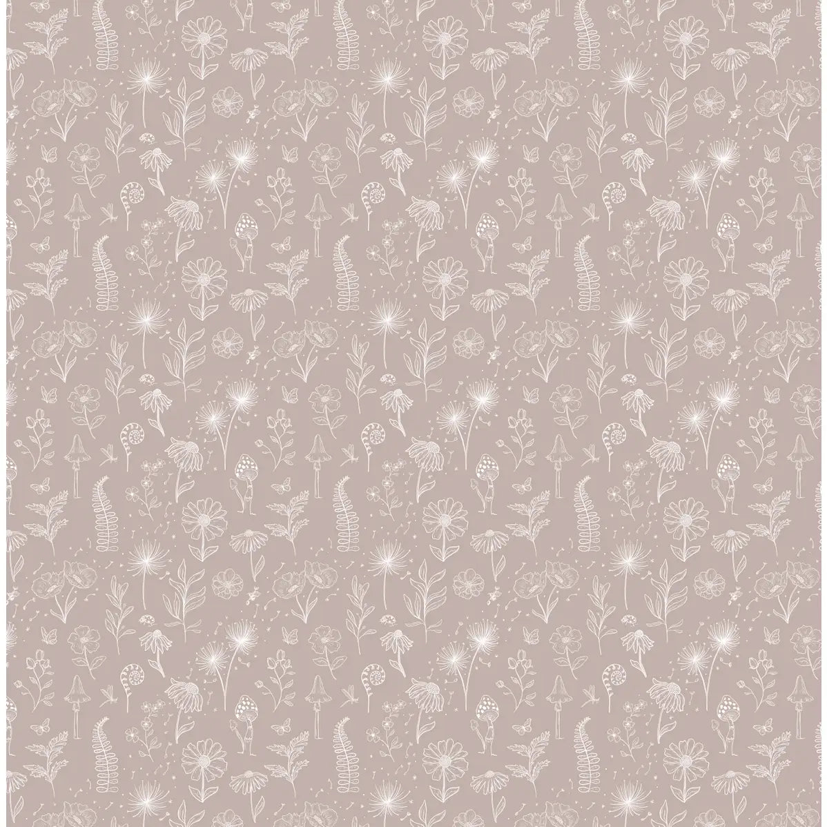 Kaila Wallpaper - Ferns and Flowers - Line Drawings - by Painted Hawk Design - Sample 1 foot by 1 foot / Rose