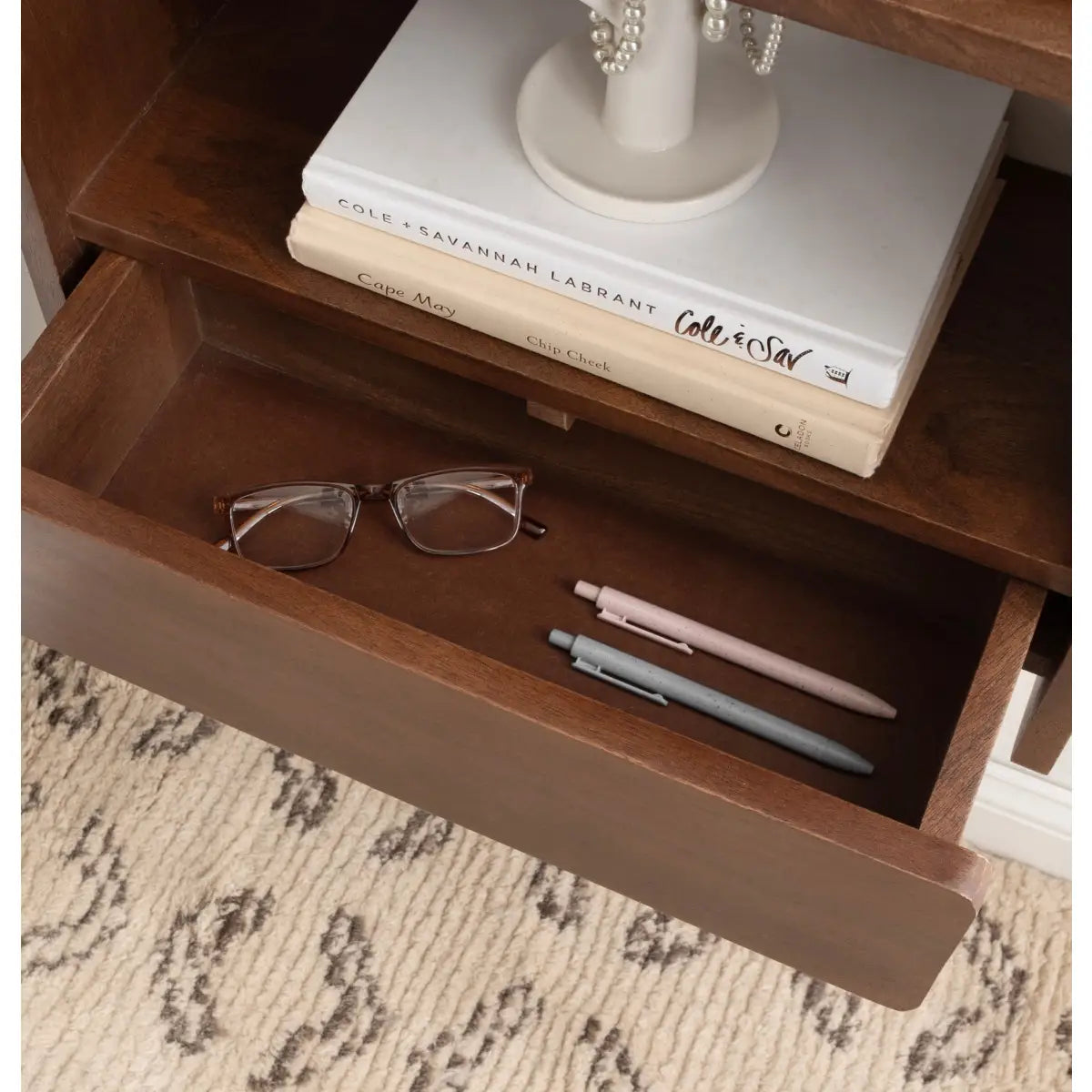 Kato Wood Wall Shelf with Drawer - Walnut Brown - kateandlaurel