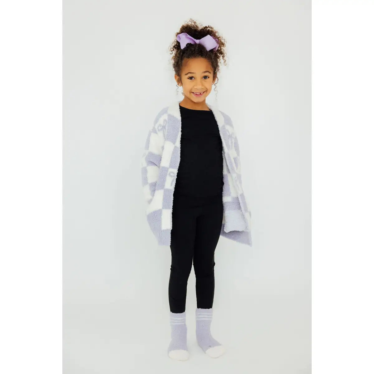 Kids Cozy Cardigan - Lavender Checker Bow - Mila & Rose ®