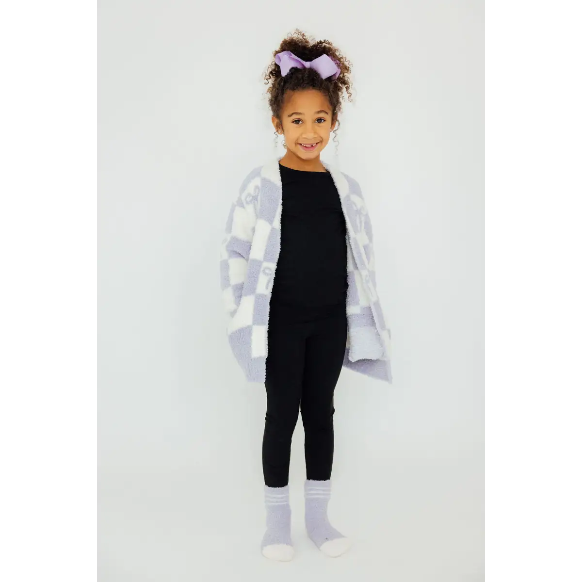 Kids Cozy Cardigan - Lavender Checker Bow - Mila & Rose ®