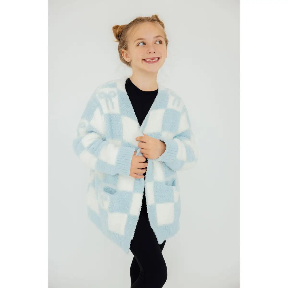 Kids Cozy Cardigan - Light Blue Checkerboard - Mila & Rose ®