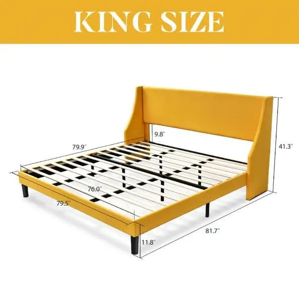King Size Upholstered Linen Blend Headboard Wingback Platform Bed in Yellow - HomePacific