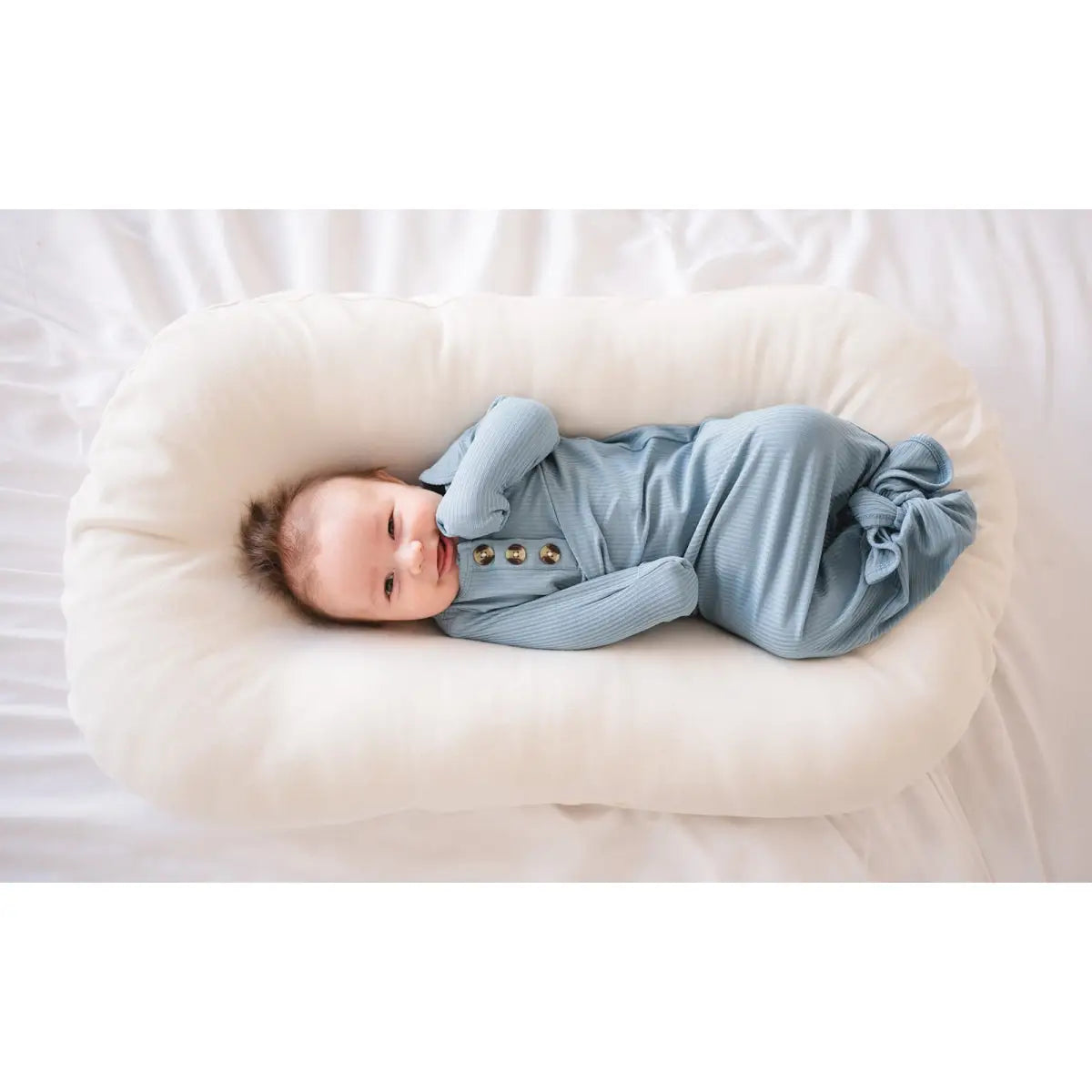 Knotted Baby Gown - Arona Blue Ribbed - Harp Angel Boutique