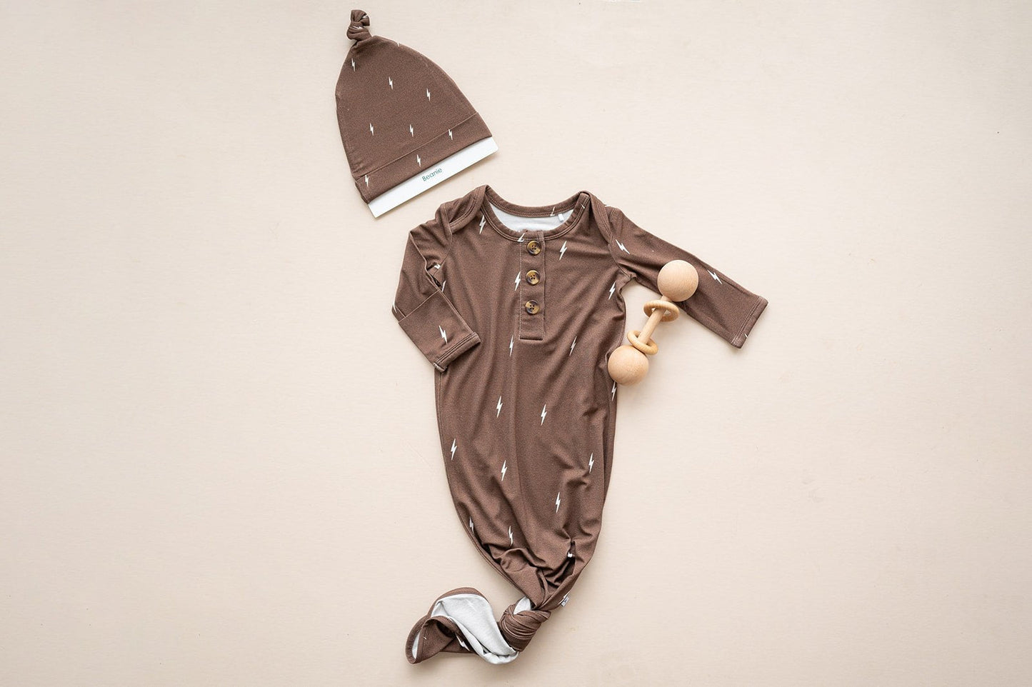 Knotted Baby Gown - Brown Lightning - Gown + Knot Hat - Harp Angel Boutique
