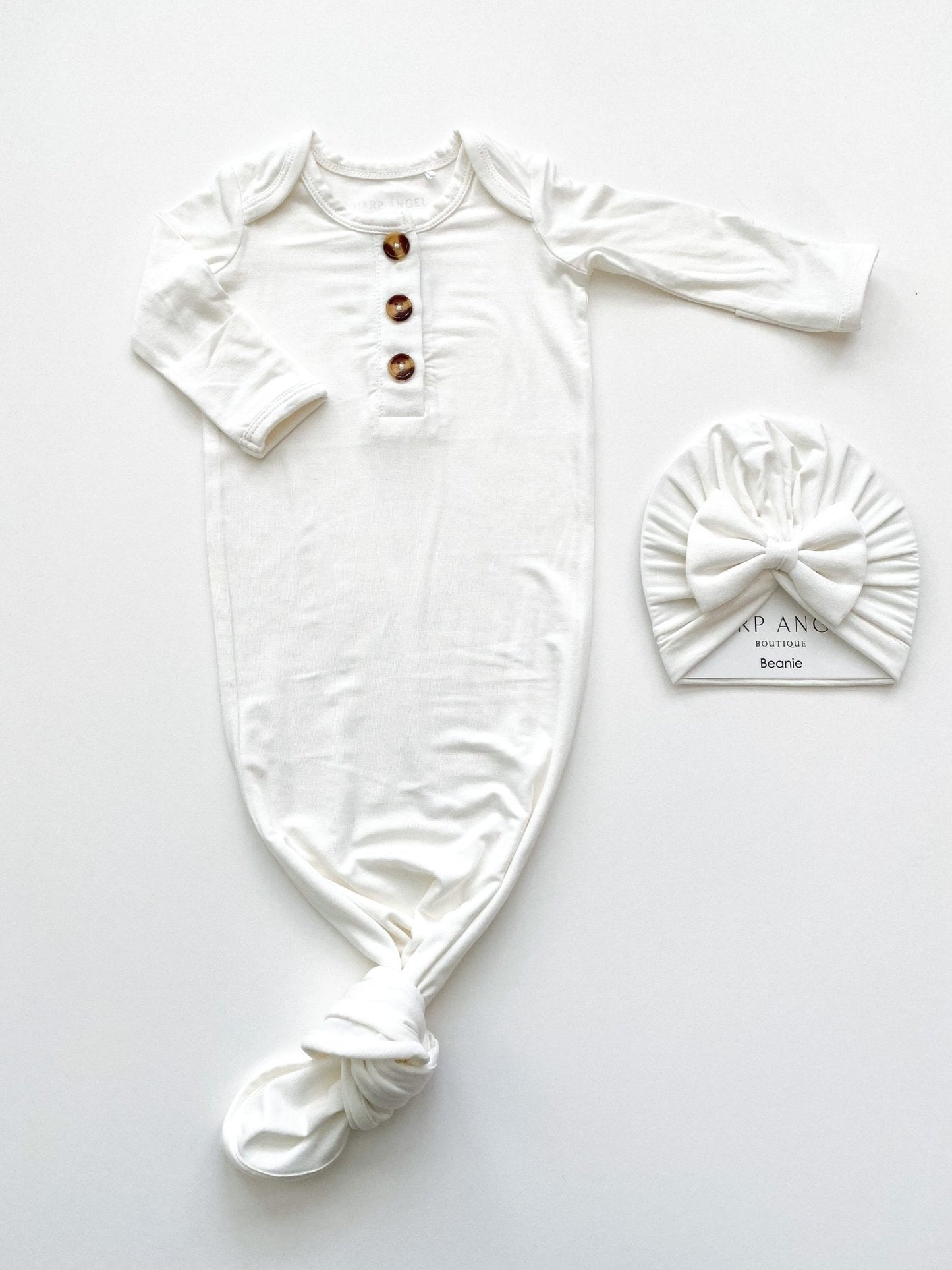Knotted Baby Gown - White - Gown + Bow Knot Turban - Harp Angel Boutique
