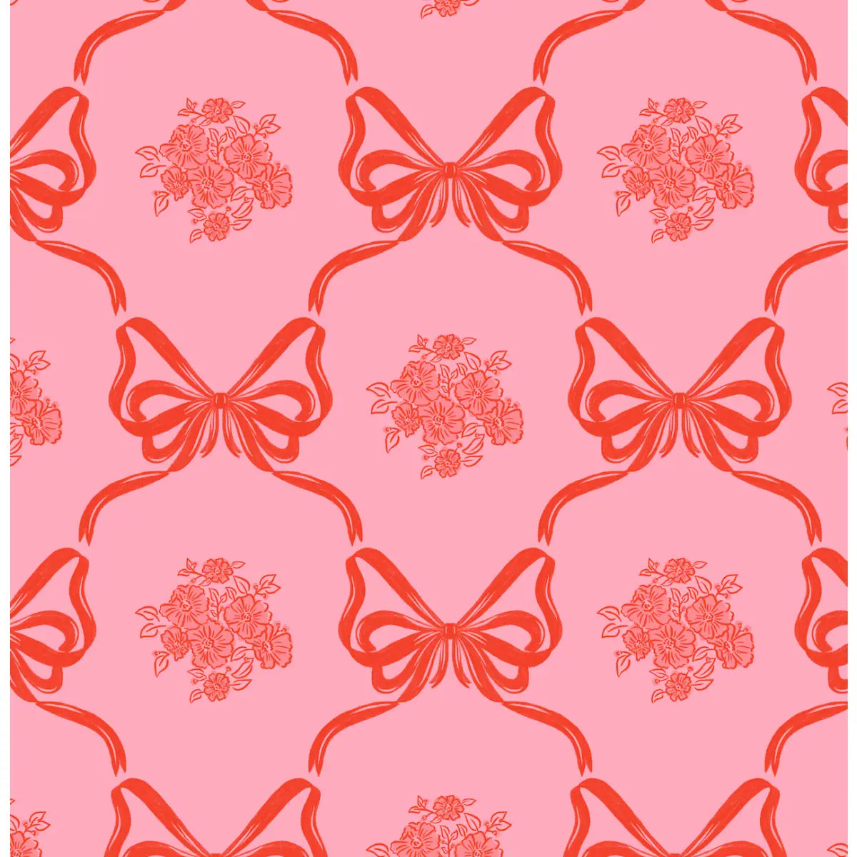 Lacey Wallpaper - Bows and Bouquets - by The Beau Studio - Sample 1 foot by 1 foot / Red and Pink - Loomwell Home Goods