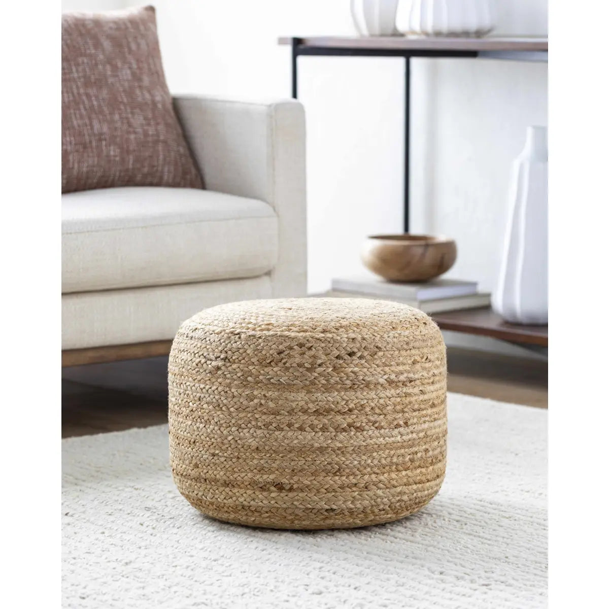 Beige Jute Pouf - 14’’H x 18’’W x 18’’D Cylinder - Boutique Rugs