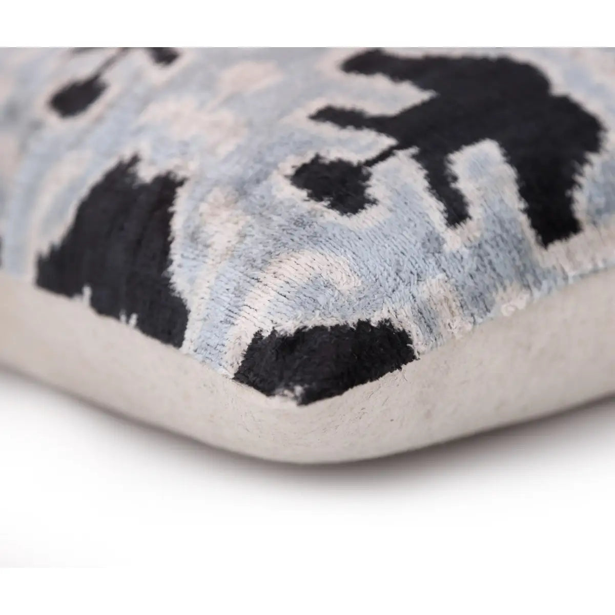 Light Blue Black Silk Velvet Pillow – 20x20 Handmade Ikat Throw Cushion - Canvello