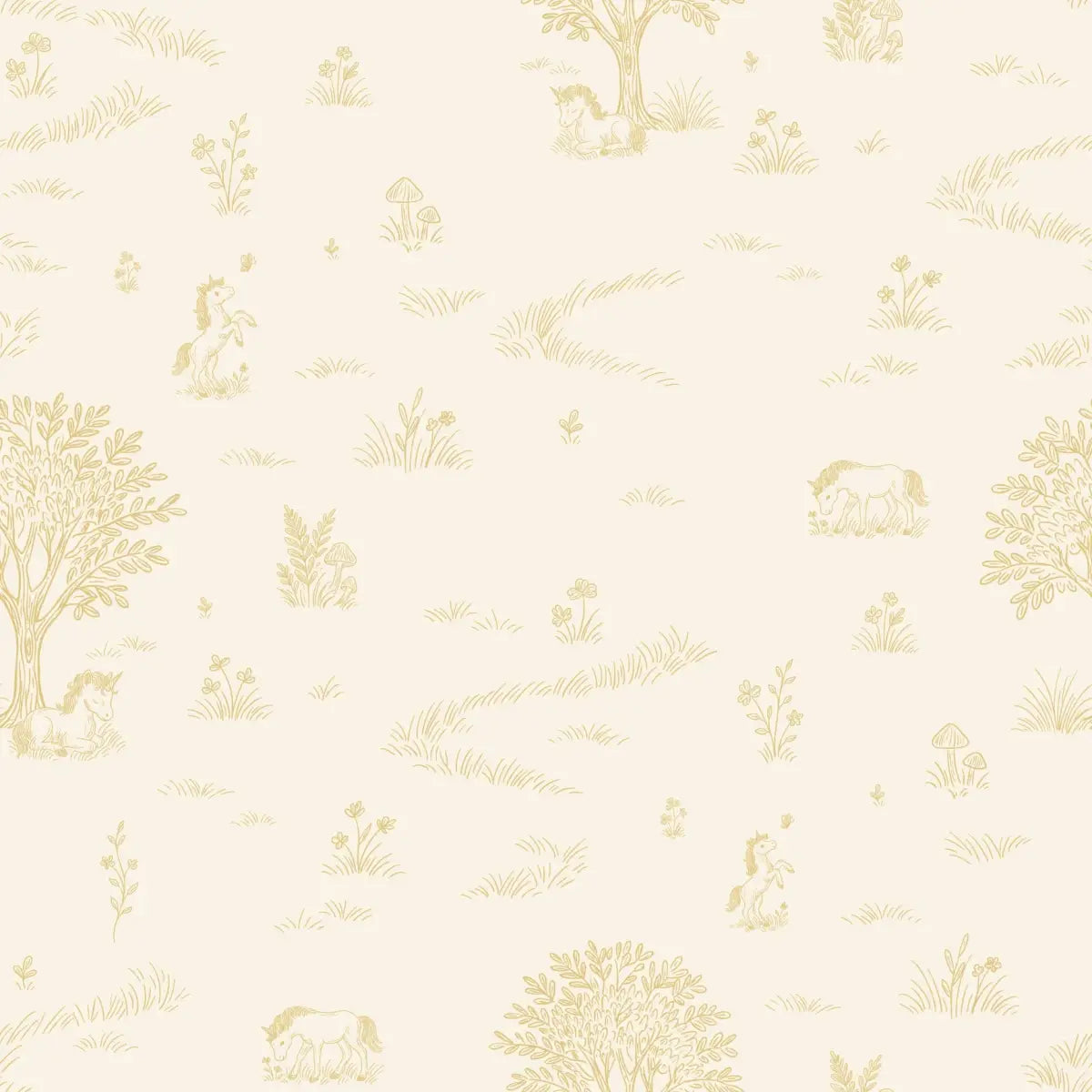 Locke Wallpaper - Unicorn Fields Line Drawing for Kids - by The Feral Flower - Sample 1 foot by 1 foot / Yellow