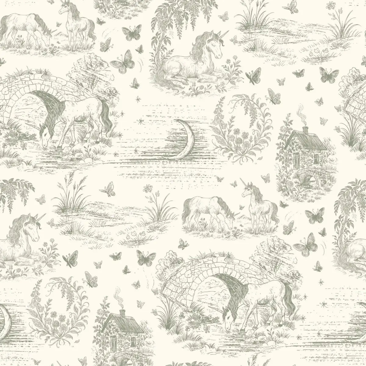 Locket Wallpaper - Unicorns for Kids - by The Feral Flower - Sample 1 foot by 1 foot / Sage - Loomwell Home Goods
