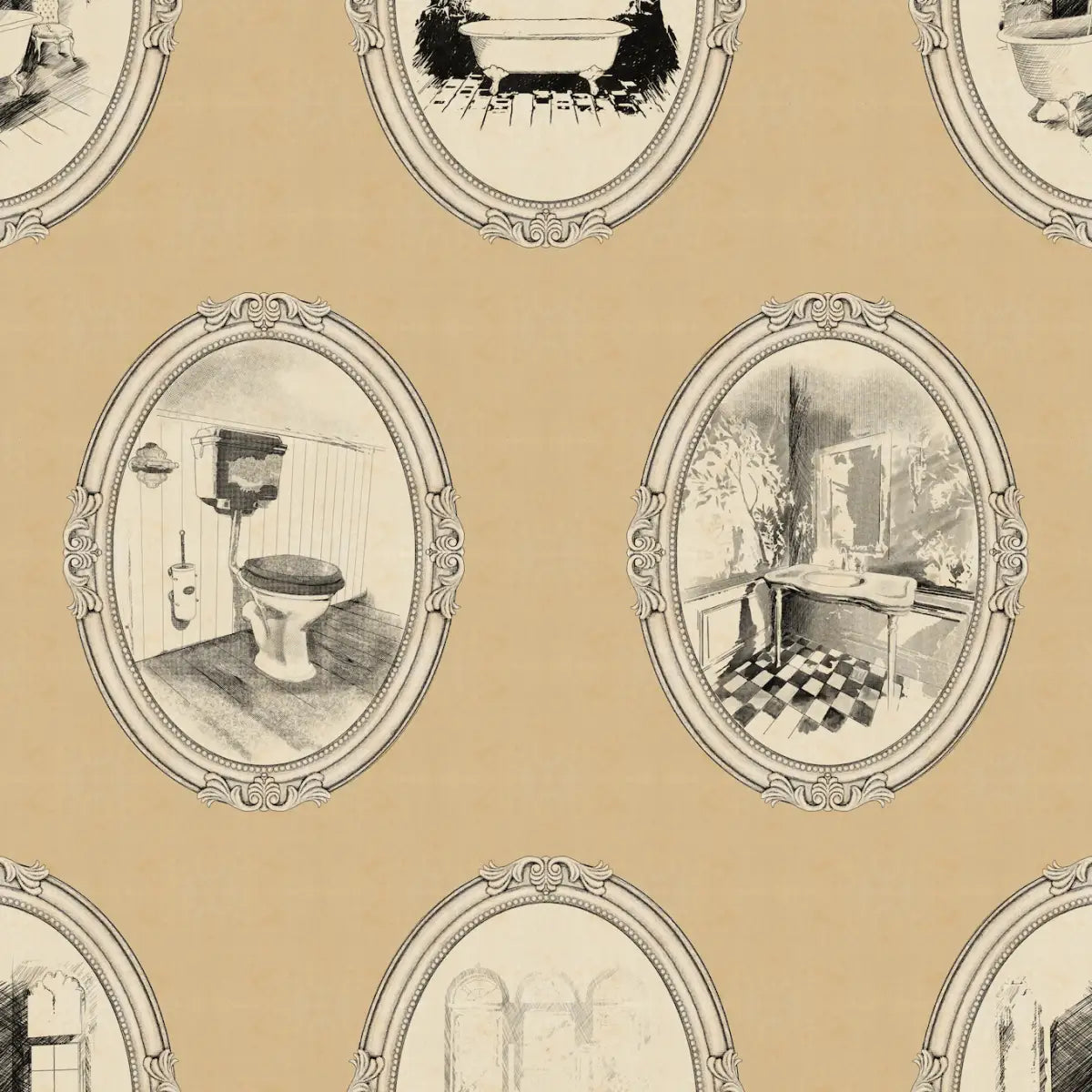 Lou Wallpaper - Bathroom Oval Vignettes - by Karin Beatrice Levin - Sample 1 foot by 1 foot / Yellow - Loomwell Home
