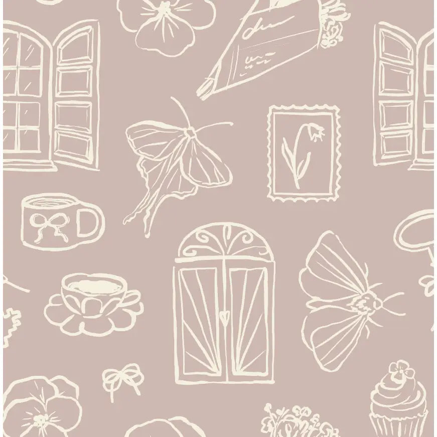 Lucille Wallpaper - Whimsical Line Drawings - Peel and Stick - Sample 1 foot by 1 foot / Dusty Rose - Loomwell Home