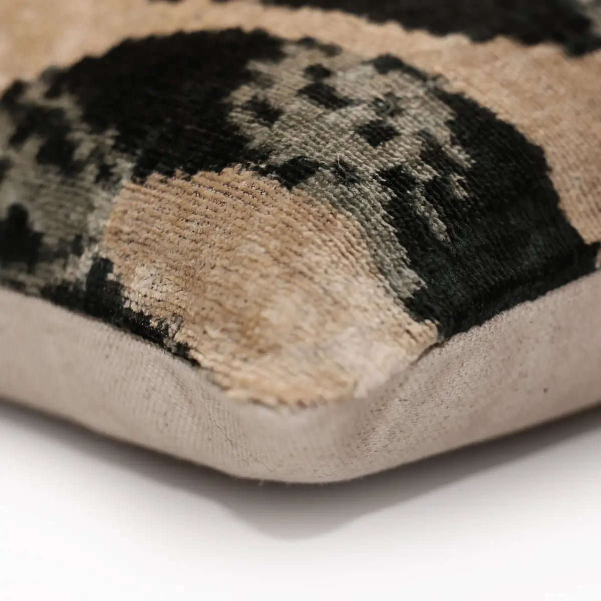 Luxury Black and Natural Silk Velvet Ikat Lumbar Pillow 16x24 Inch with Down Insert - Canvello