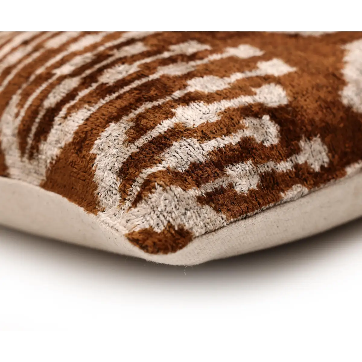 Luxury Handwoven Ikat Silk Velvet Pillow 20x20 Inch – Earthy Brown & Ivory - Canvello