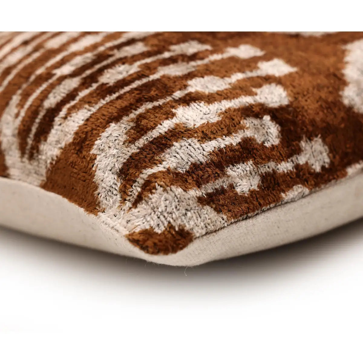 Luxury Handwoven Ikat Silk Velvet Pillow 20x20 Inch – Earthy Brown & Ivory - Canvello