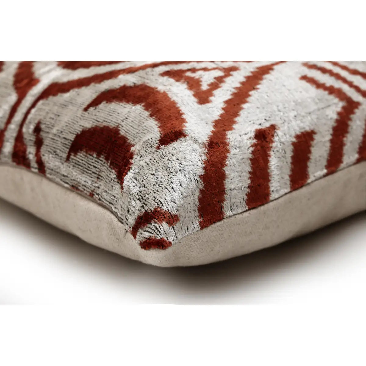 Luxury Handwoven Silk Velvet Ikat Pillow 20x20 Inch – Rust & Ivory - Canvello