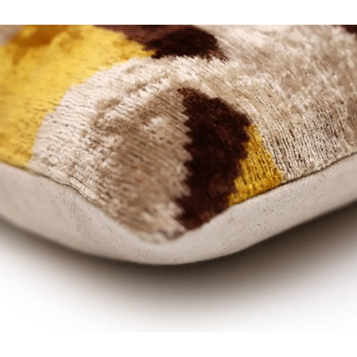 Luxury Silk Velvet Ikat Lumbar Pillow - Mustard Cream and Chocolate - 16x24 Inch with Down Insert - Canvello