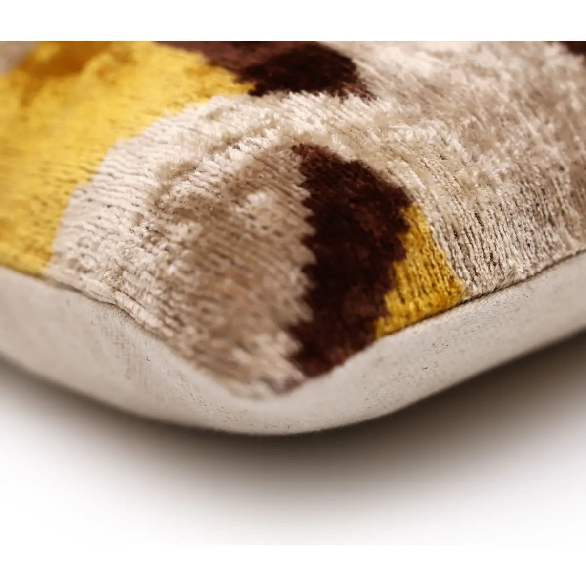 Luxury Silk Velvet Ikat Lumbar Pillow - Mustard Cream and Chocolate - 16x24 Inch with Down Insert - Canvello