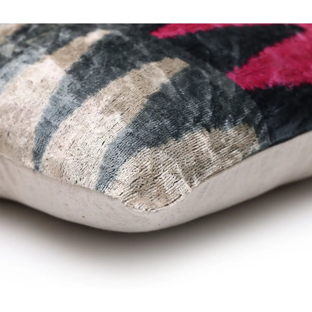 Luxury Silk Velvet Ikat Lumbar Pillow - Pink Charcoal and Natural - 16x24 Inch with Down Insert - Canvello