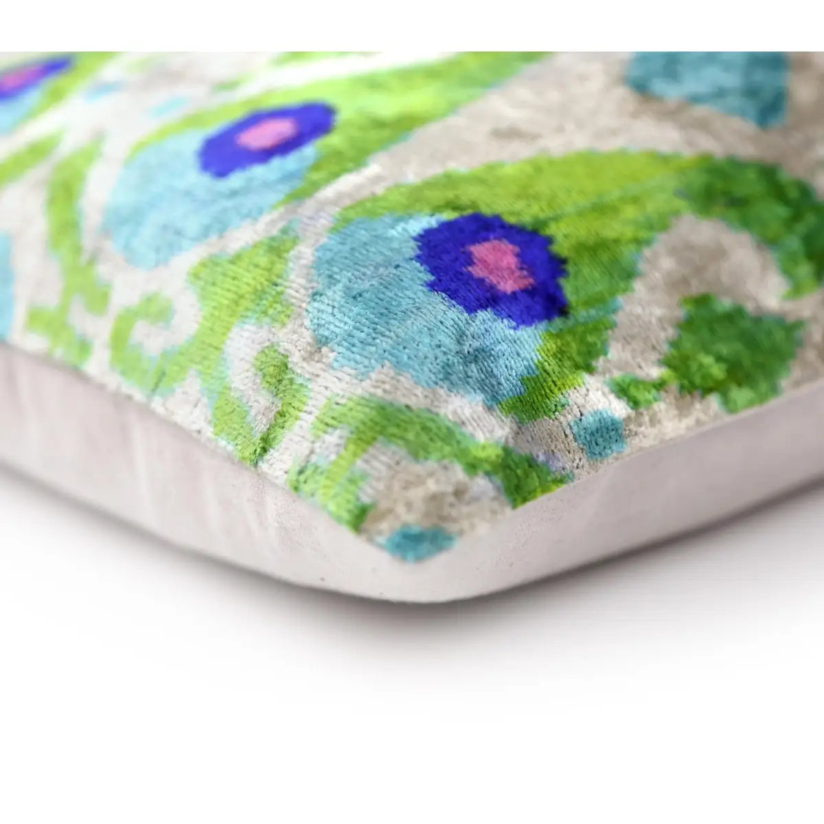 Luxury Silk Velvet Pillow 16x24 – Handmade Green & Turquoise Ikat Lumbar Cushion - Canvello