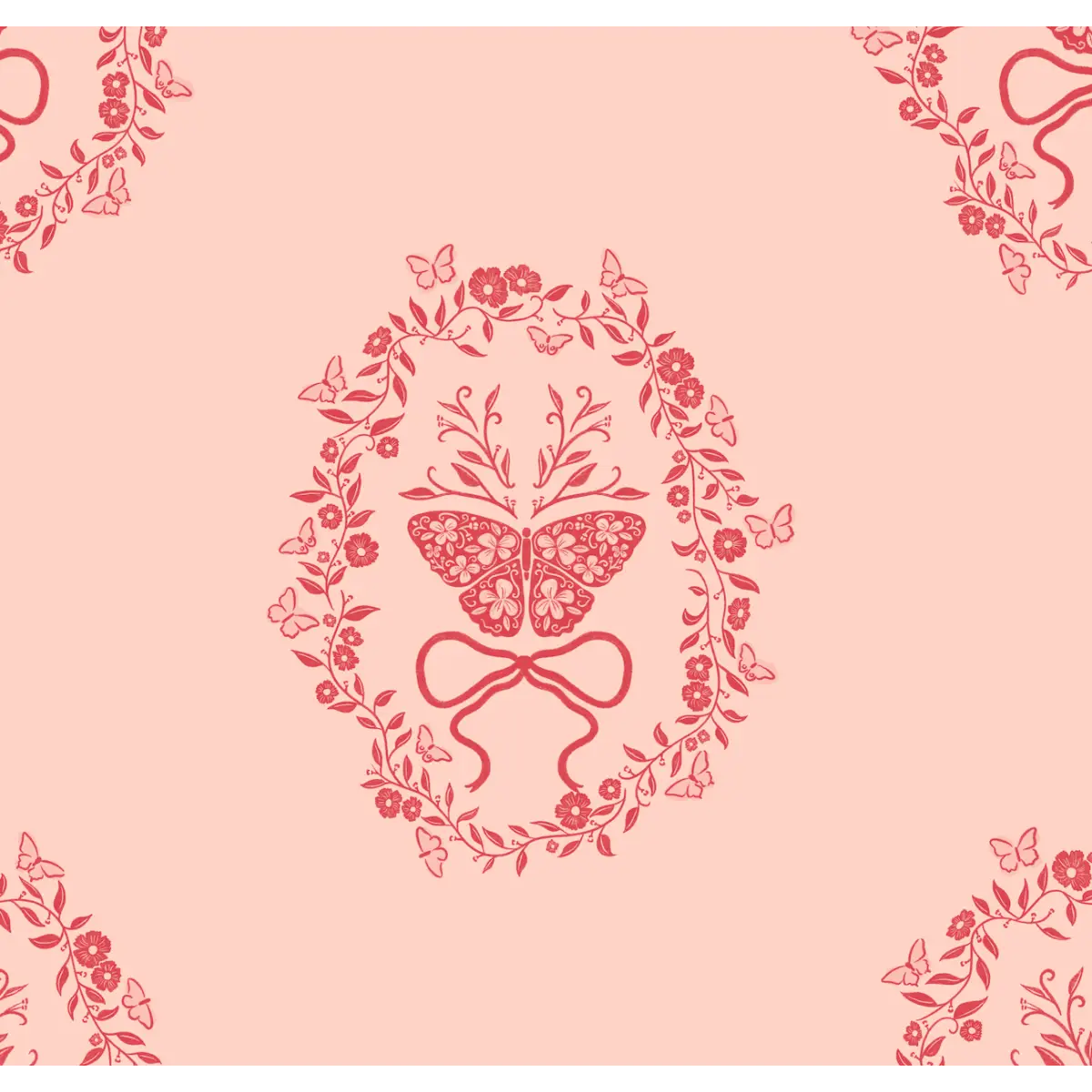 Mallory Wallpaper - Butterflies in Oval Frame - by The Beau Studio - Sample 1 foot by 1 foot / Pink - Loomwell Home