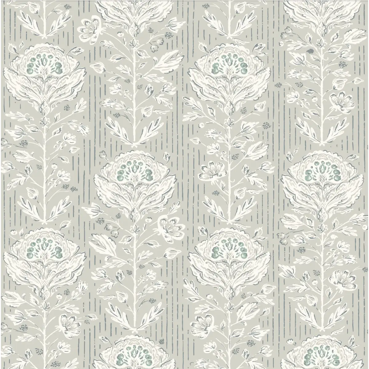 Maren Wallpaper - Traditional Floral Block Print - by Kim Morgan - Sample 1 foot by 1 foot / Light Gray - Loomwell Home