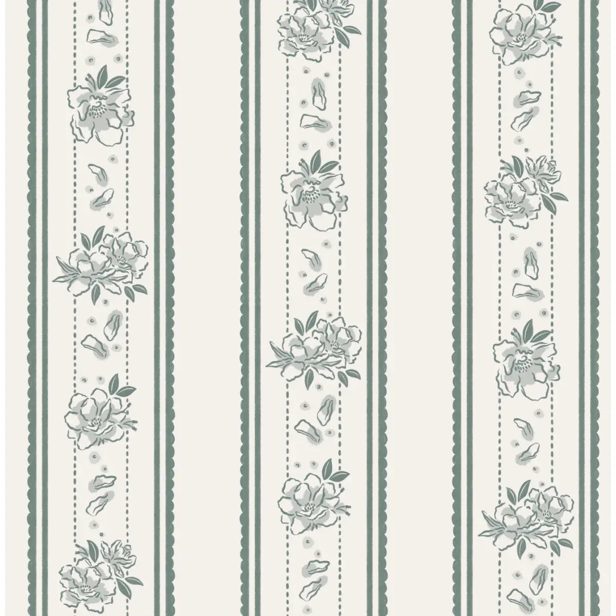 Marigold Wallpaper - Floral Cottage Stripe - by The Beau Studio - Sample 1 foot by 1 foot / Green - Loomwell Home Goods