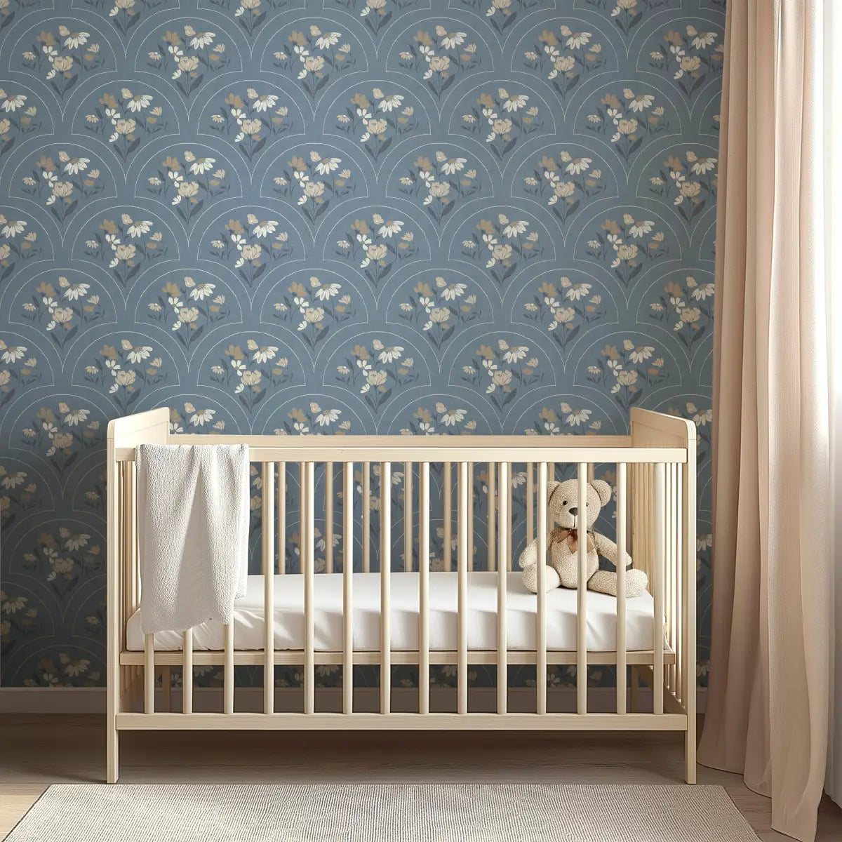 Marlee Wallpaper - Floral Scallops on Blue - by Kathryn Therese - Loomwell Home Goods