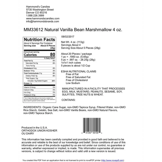 Marshmallows - Vanilla Bean - Handmade All-Natural - Hammond’s Candies