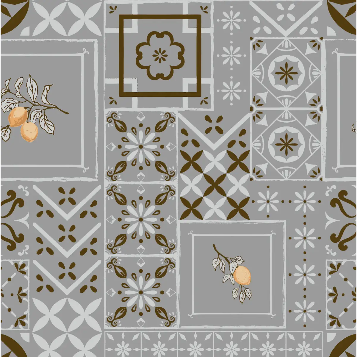 Meena Wallpaper - Lemons and Tiles - by The Bright Leaf Design - Sample 1 foot by 1 foot / Gray - Loomwell Home Goods