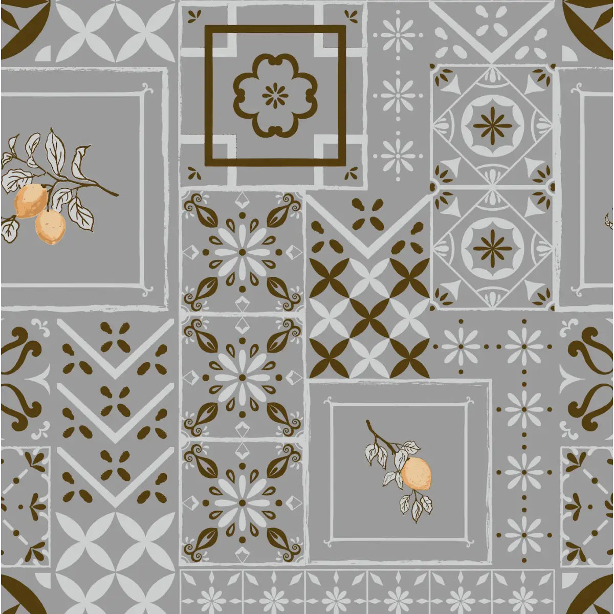 Meena Wallpaper - Lemons and Tiles - by The Bright Leaf Design - Sample 1 foot by 1 foot / Gray - Loomwell Home Goods