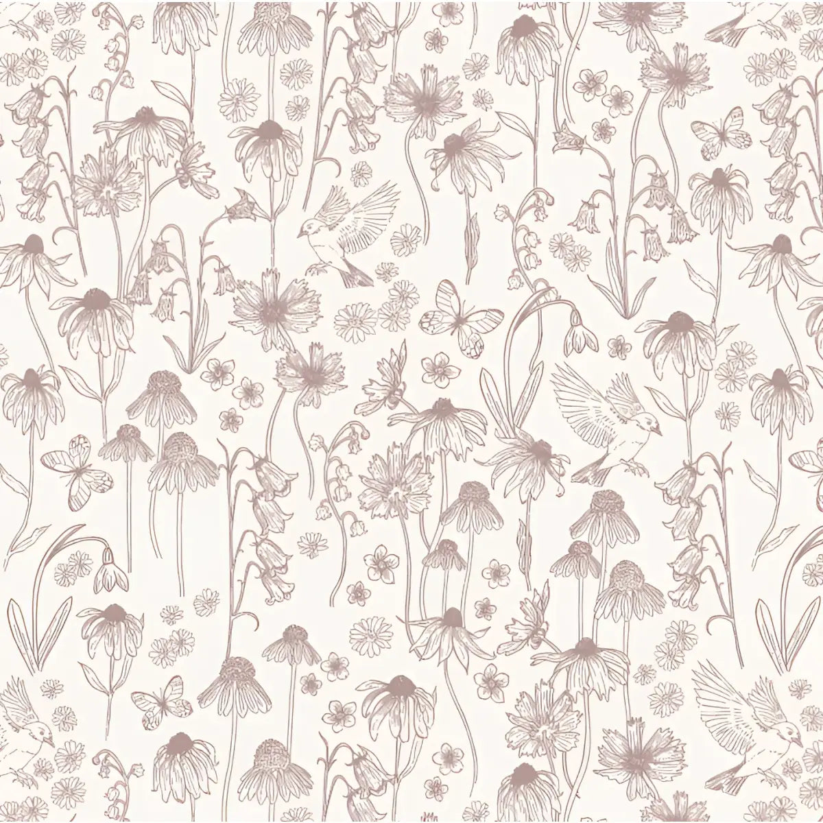 Melody Wallpaper - Butterflies and Birds among Flowers - by Brittany Polatis Design - Sample 1 foot by 1 foot / Mauve