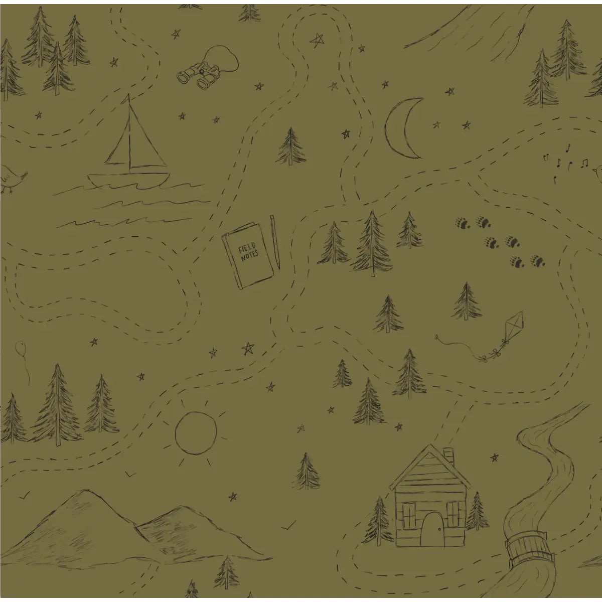 Michael Wallpaper - Houses and Trees Pencil Scketches - by Christy Beasley - Sample 1 foot by 1 foot / Green and Black