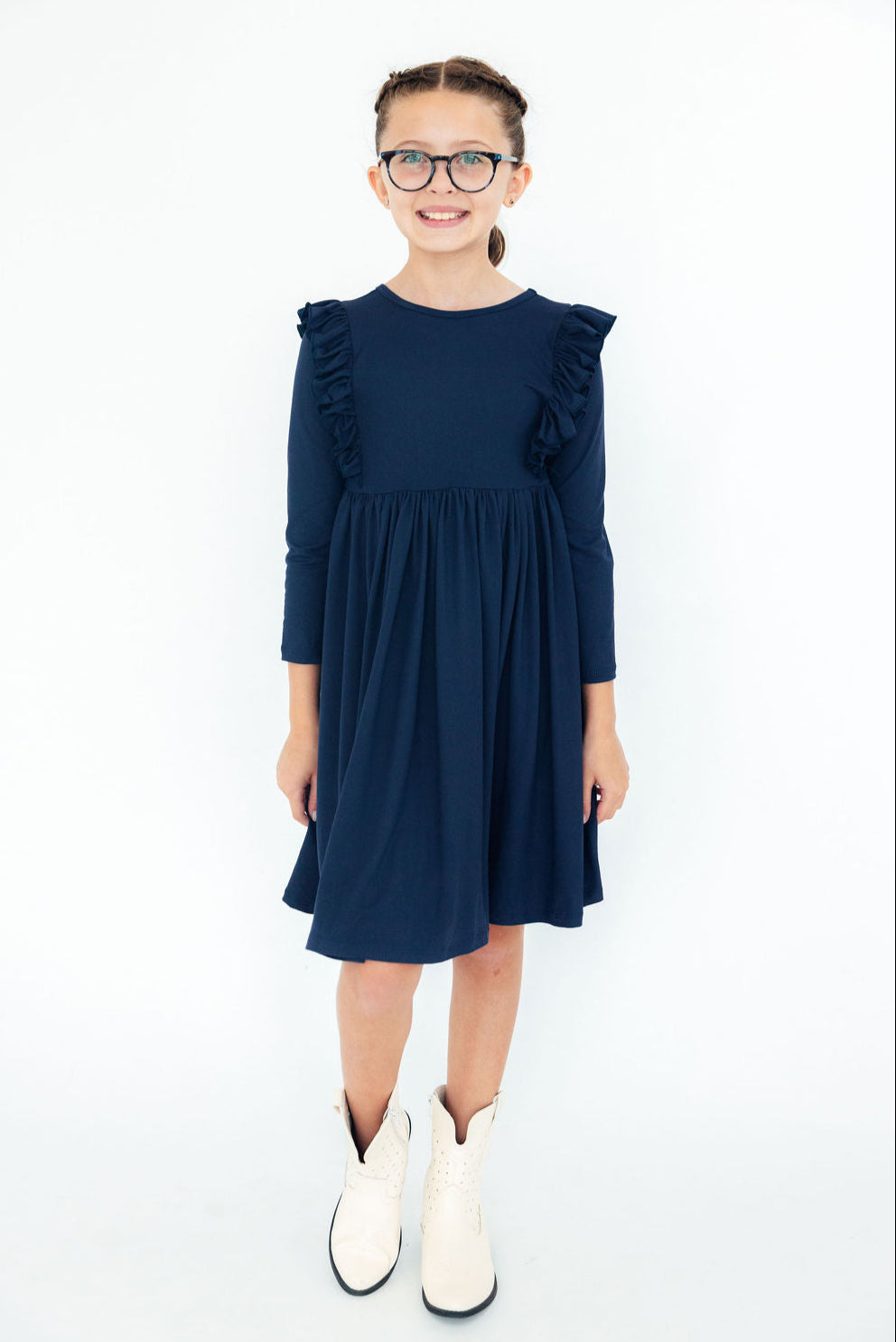 Navy L/S Ruffle Twirl Dress - Mila & Rose ®